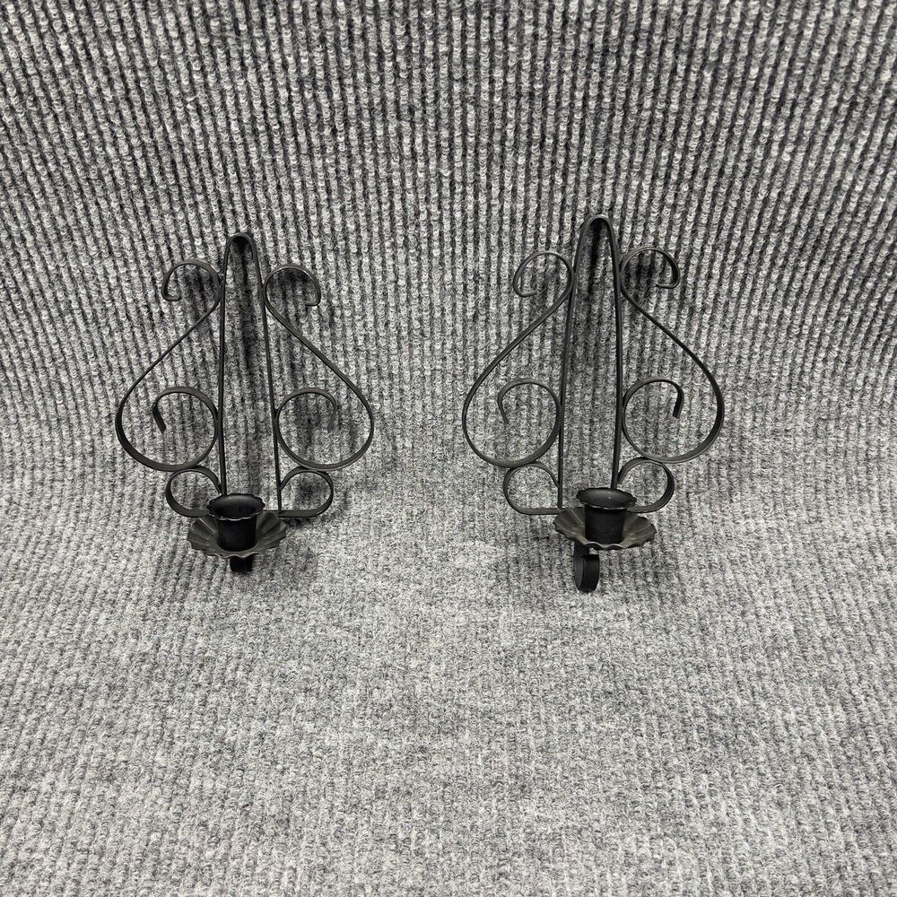 Vintage MCM Spanish Gothic Wall Hanging Black Wrought Iron Candle Holder Set